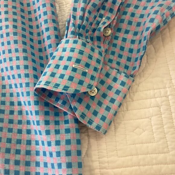 michael's Men's 100% Linen Shirt Made in USA size L pink blue check prints - Picture 9 of 11